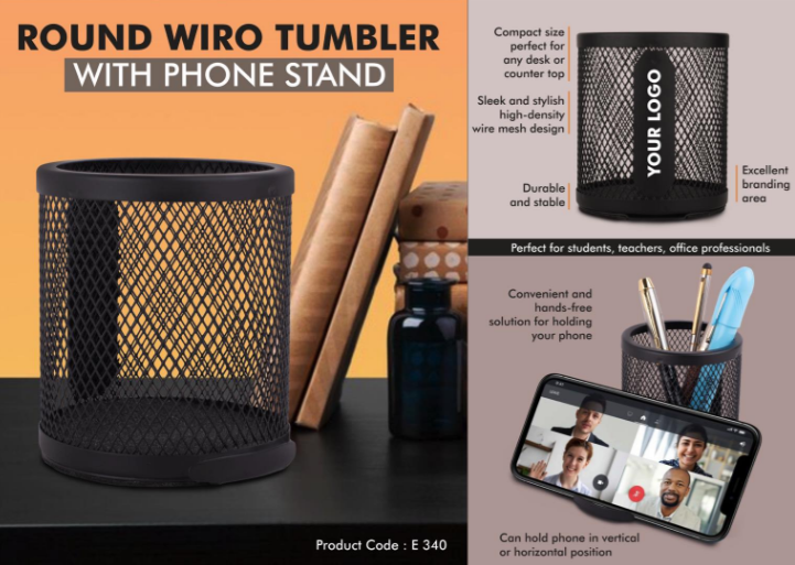 E340 – Round Wiro tumbler with Slide-out Phone Stand