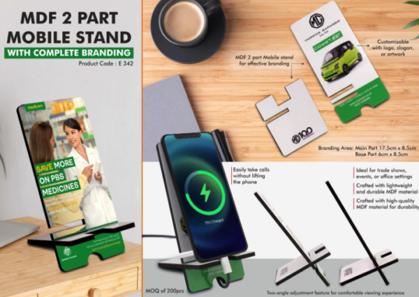E342 – MDF 2 part Mobile stand with complete branding | Double angle adjustment | MOQ 200 pc