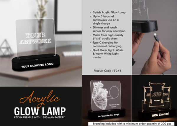 E344 – Acrylic Glow Lamp – Rechargeable| 1200 mAh battery| White & Warm white light| Dimmer & Touch Sensor| 6 x 6″ Acrylic sheet| Type C charging| Branding Included MOQ 200 pcs