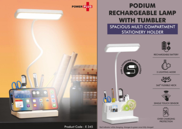 E345 – Podium: Rechargeable Lamp with Tumbler | Spacious multi compartment stationery holder