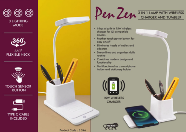 E346 – PenZen: 3 in 1 Lamp with 15W Wireless Charger and Tumbler