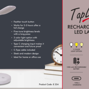 E354 – TapLite : Rechargeable LED lamp | 3 Color light with Brightness adjustment | Type C Charging