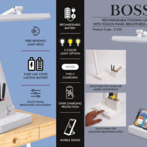 E355 – Boss : Rechargeable Folding LED lamp with Touch panel Brightness adjustment | Detachable pen stand | Mobile Stand | 3 Color light option