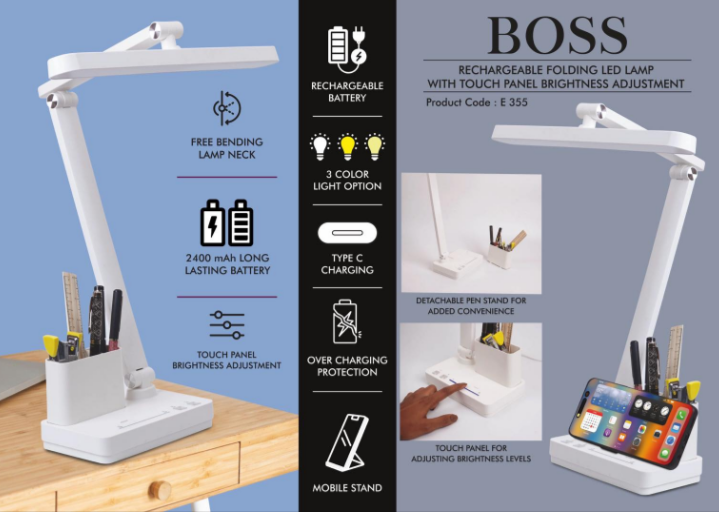 E355 – Boss : Rechargeable Folding LED lamp with Touch panel Brightness adjustment | Detachable pen stand | Mobile Stand | 3 Color light option