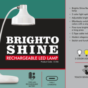 E356 – Brighto Shine : Rechargeable LED lamp | 3 Color light with Brightness adjustment | Type C Charging