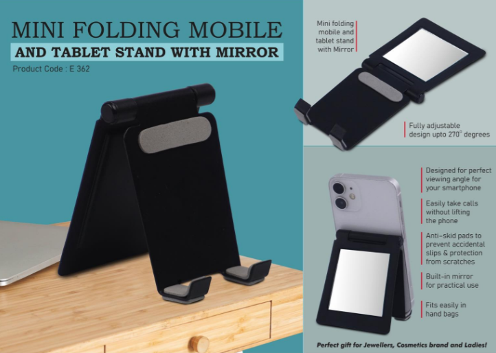 E362 – Mini folding mobile and tablet stand with Mirror | Adjustable to any desired angle