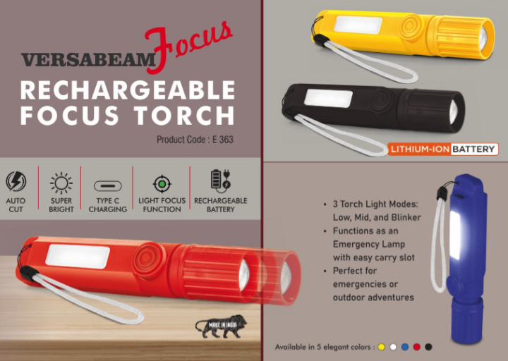 E363 – VersaBeam Focus: Rechargeable Focus Torch with 2 Light modes, Blinker and Emergency Lamp | Type C Charging | With Carabiner