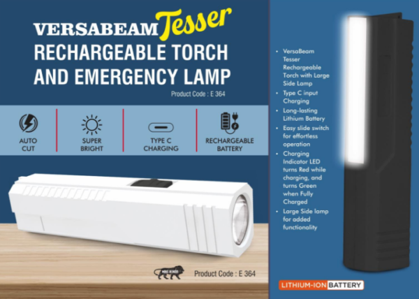 E364 – VersaBeam Tesser: Rechargeable Torch with Emergency Lamp | Type C Charging