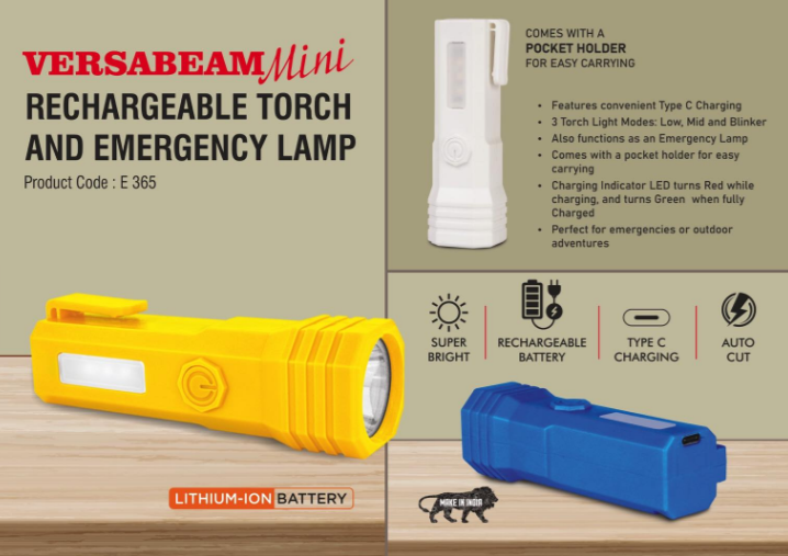 E365 – VersaBeam Mini: Rechargeable Torch with 2 Light modes, Blinker and Emergency Lamp | Type C Charging | With Pocket Clip