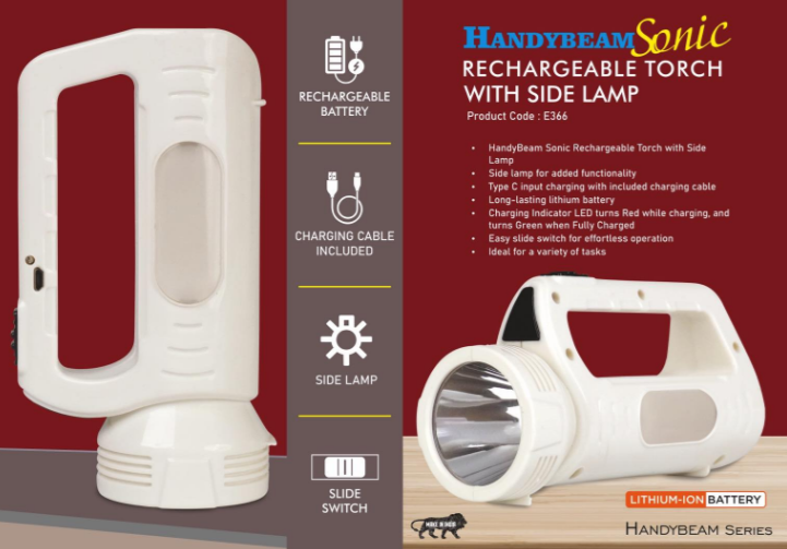 E366 – HandyBeam Sonic: Rechargeable Torch with Side Lamp | Charging Cable included