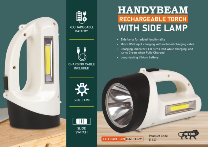 E367 – HandyBeam: Rechargeable Torch with Side Lamp | Charging Cable included