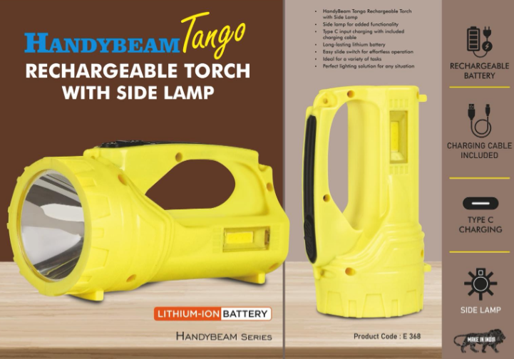 E368 – HandyBeam Tango: Rechargeable Torch with Side Lamp | Charging Cable included