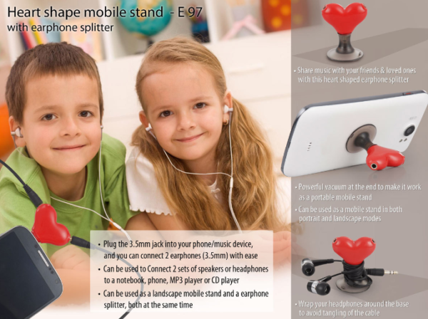 E97 – Heart shape vacuum mobile stand with earphone splitter