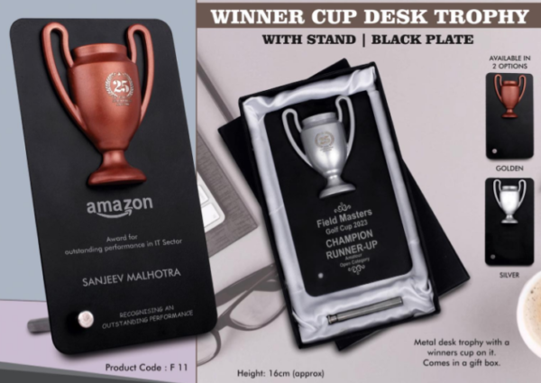 F11 – Winner Cup Desk Trophy with stand | Black Plate