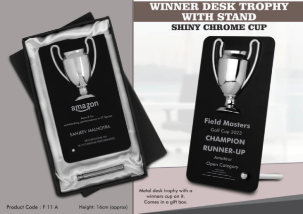 F11a – Winner Cup Desk Trophy with stand | Shiny Chrome Cup with Black Plate