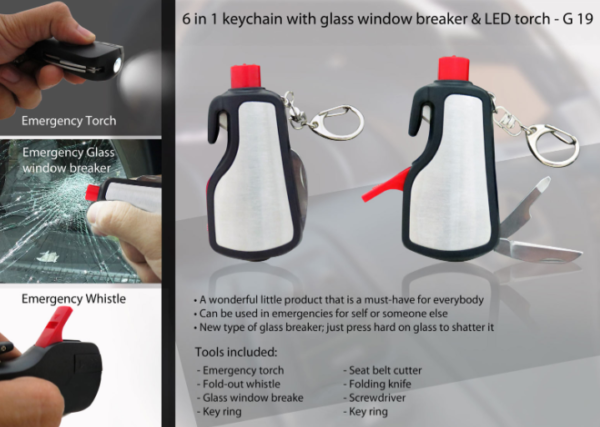 G19 – 6 in 1 keychain with glass window breaker & LED torch