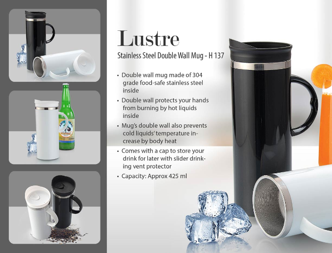 H137 – Lustre Stainless steel Double wall mug (425 ml approx)