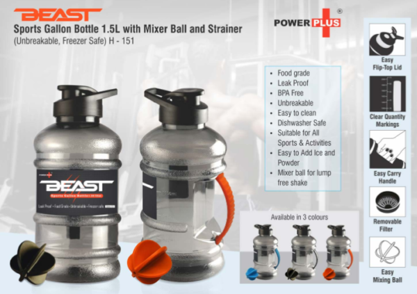 H151 – Beast Sports gallon bottle 1.5 L with mixer ball and strainer (Unbreakable, Freezer safe)