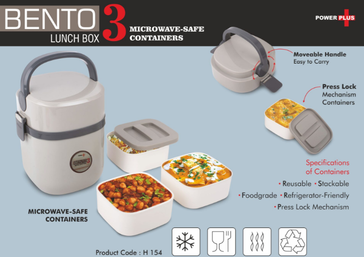 H154 – Bento Travel Lunch box with 3 plastic containers | Press Lock mechanism | Square containers