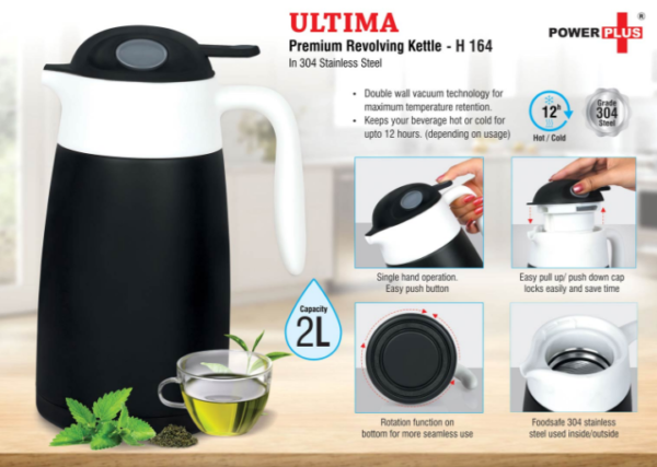 H164 – Ultima: Premium revolving kettle in stainless steel (2L approx) | 304 Steel Inside & Outside