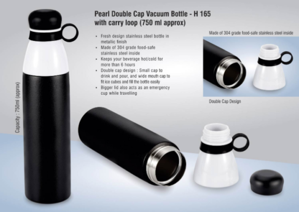 H165 – Pearl Double cap Vacuum bottle in metallic finish with carry loop (750 ml approx)