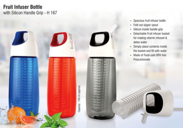 H167 – Fruit infuser bottle with silicon handle grip (700ml approx) | BPA free