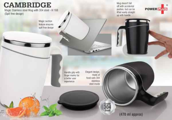 H168 – Cambridge Magic Stainless steel Mug with 304 steel | Spill free design (470 ml approx)