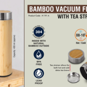 H191a – Stainless steel Bamboo Vacuum flask with Tea Strainer | Capacity 400 ml approx