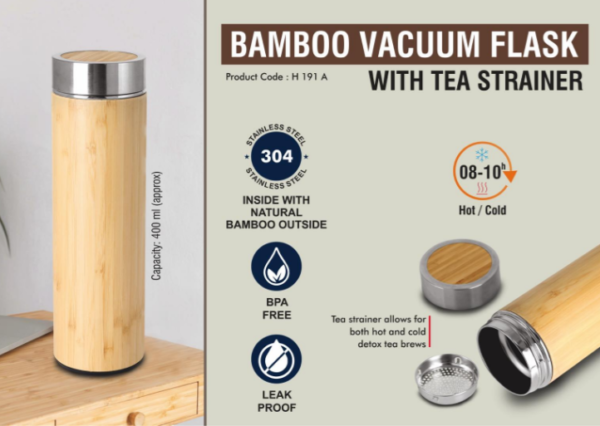 H191a – Stainless steel Bamboo Vacuum flask with Tea Strainer | Capacity 400 ml approx