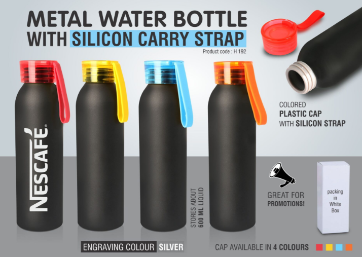 H192 – Metal water bottle with silicon carry strap (600 ml approx)