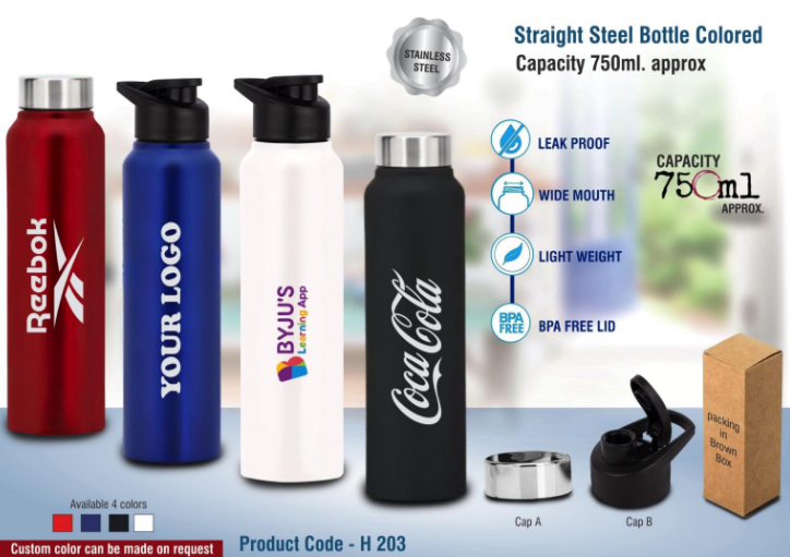 H203 – Straight steel bottle Colored | Capacity 750ml approx