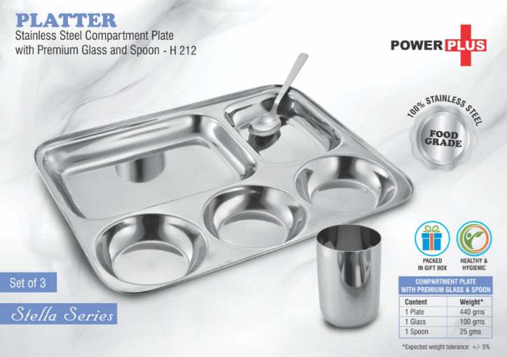 H212 – Platter: Stainless Steel Compartment plate with Premium glass and spoon | Set of 3