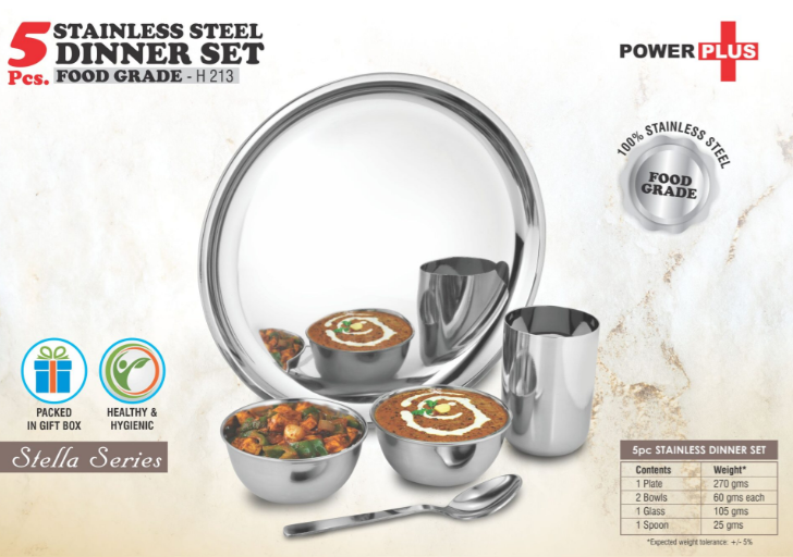 H213 – 5 pc Stainless Steel Dinner set | Set of 1 Plate, 2 bowls, 1 glass and 1 spoon