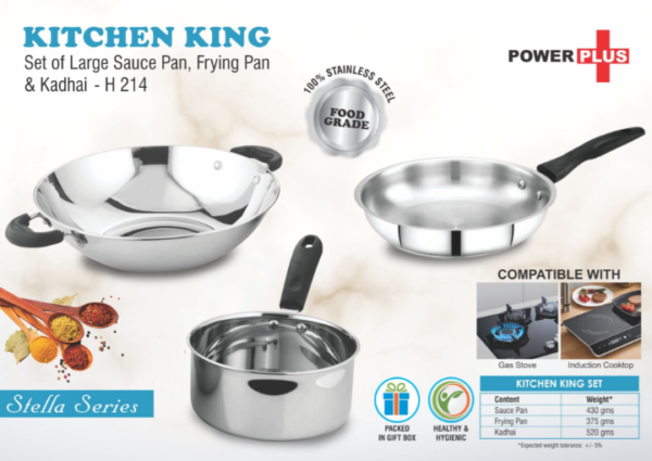 H214 – Kitchen King: Set of Large Sauce Pan, Frying Pan and Kadhai in Gift box | Made of Stainless Steel