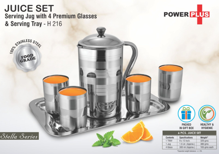 H216 – Juice Set: Stainless Steel serving Jug with 4 Premium glasses and Serving Tray