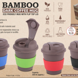 H222a – Bamboo Dark Coffee mug: Eco friendly mug with flip top Lid and Anti-Scald sleeve | Capacity 250 ml