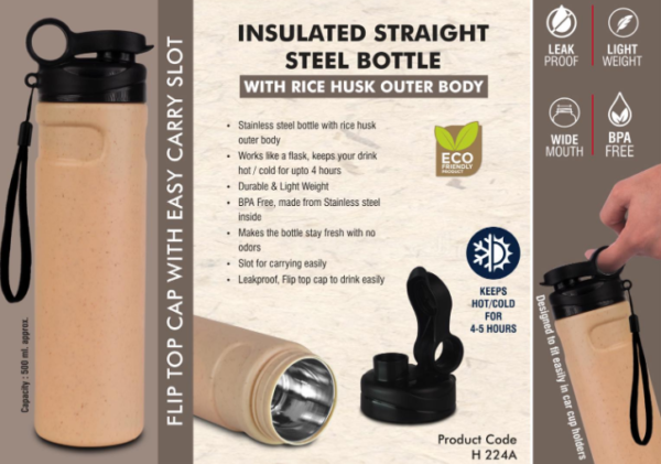 H224a – Insulated Straight Steel bottle with Rice husk outer body | Flip top cap with easy carry slot | 500 ml approx