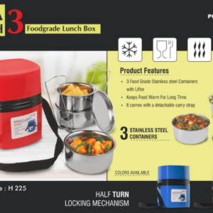 H225 – Power Plus Mega Steel Lunch Box- 3 Stainless steel containers with lifter