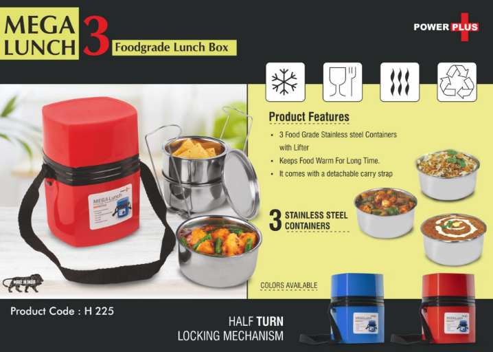 H225 – Power Plus Mega Steel Lunch Box- 3 Stainless steel containers with lifter