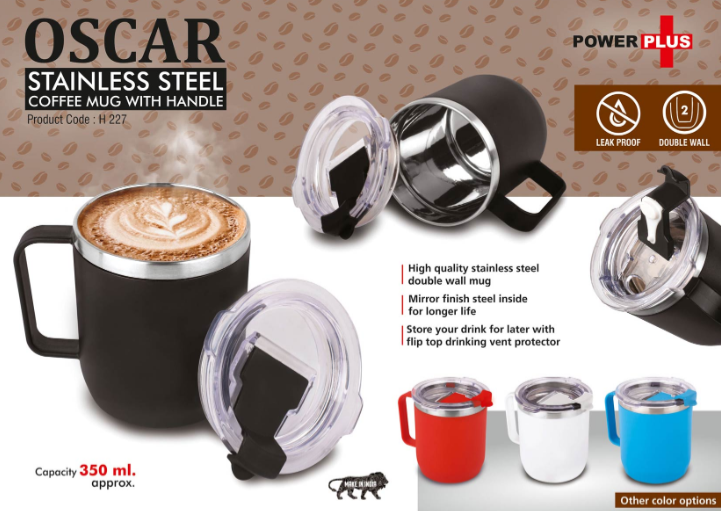 H227 – Oscar: Stainless Steel coffee mug with handle | Premium clear cap with flip top lid | Leakproof | Capacity 350ml approx
