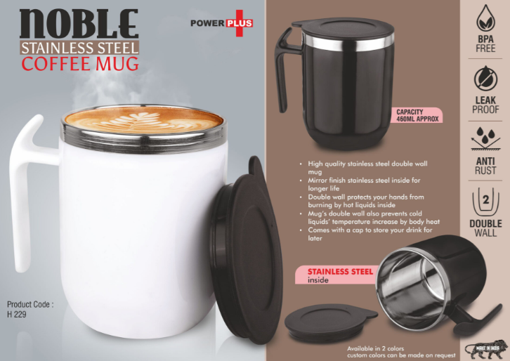 H229 – Noble: Stainless Steel Double wall Coffee mug with Pointy handle | Leakproof | Capacity 460ml approx