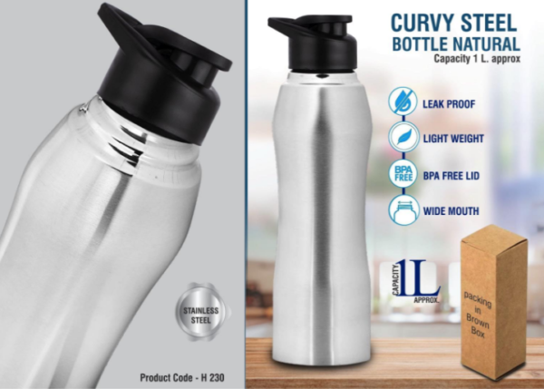 H230 – Curvy steel bottle Natural | Capacity 1L approx
