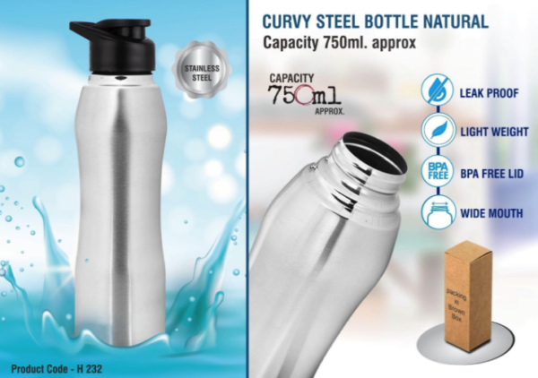 H232 – Curvy steel bottle Natural | Capacity 750ml approx
