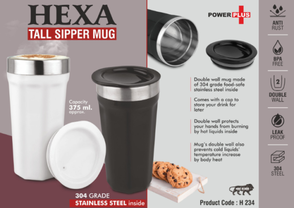 H234 – Hexa : Tall sipper mug | 304 grade Stainless steel inside | Capacity 375ml approx