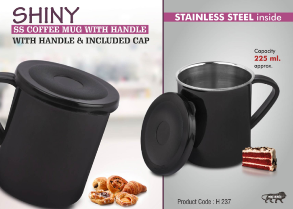 H237 – Shiny SS Coffee mug with handle | Cap included | Capacity 225ml approx