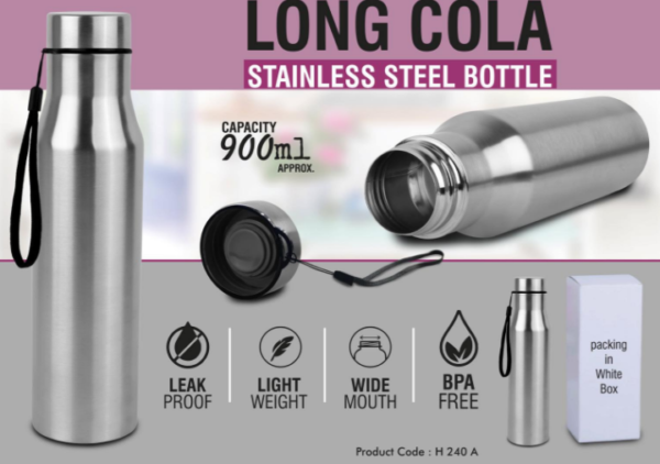 H240a – Long cola stainless steel bottle with carry strap | Capacity 900ml approx