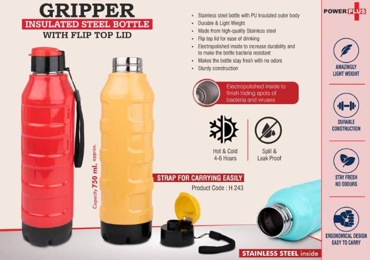 H243 – Gripper: Insulated Steel Bottle with Flip top lid | Keeps Hot & Cold for 4-6 Hours | Strap for Carrying easily | Capacity 750 ml approx