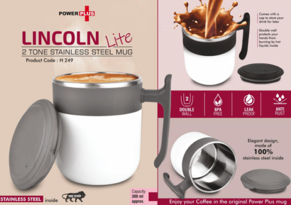 H249 – Lincoln Lite: 2 Tone Stainless steel Mug with Lid | Leak proof | BPA Free | Capacity 300 ml approx
