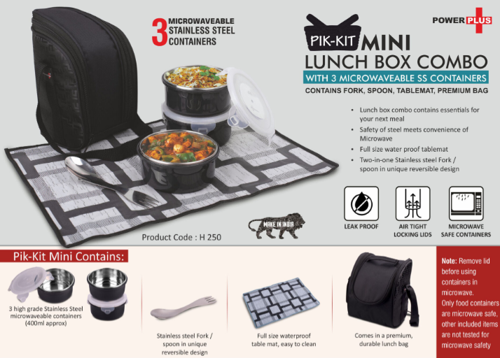 H250 – PIK-KIT mini: Lunch box combo with 3 Microwaveable SS containers | Contains Fork, Spoon, Tablemat, Premium Bag