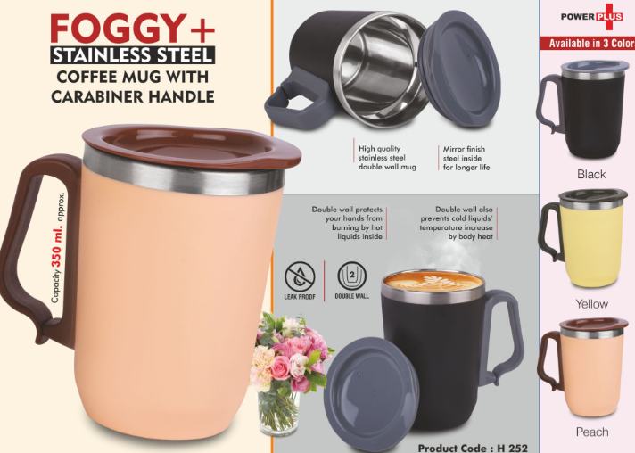 H252 – Foggy+ Stainless Steel coffee mug with Carabiner Handle | Leakproof Cap | Capacity 350ml approx